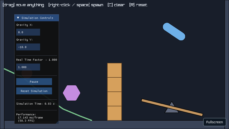 Preview of the Fx2D playground with shapes, a ramp and a seesaw